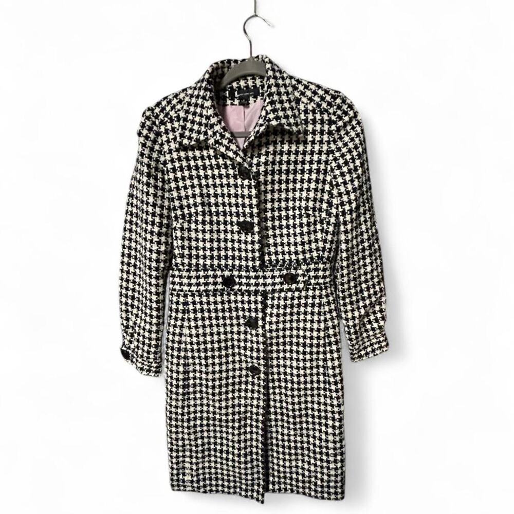 Larry Levine size 6 black & white houndstooth long dress coat fall winter